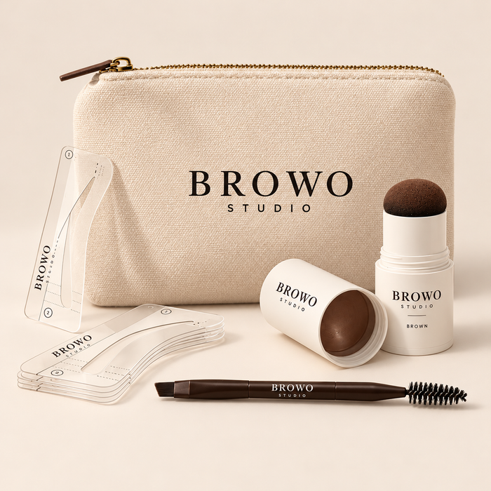 BROWO Studio Brown complete kit on cream background — branding concept