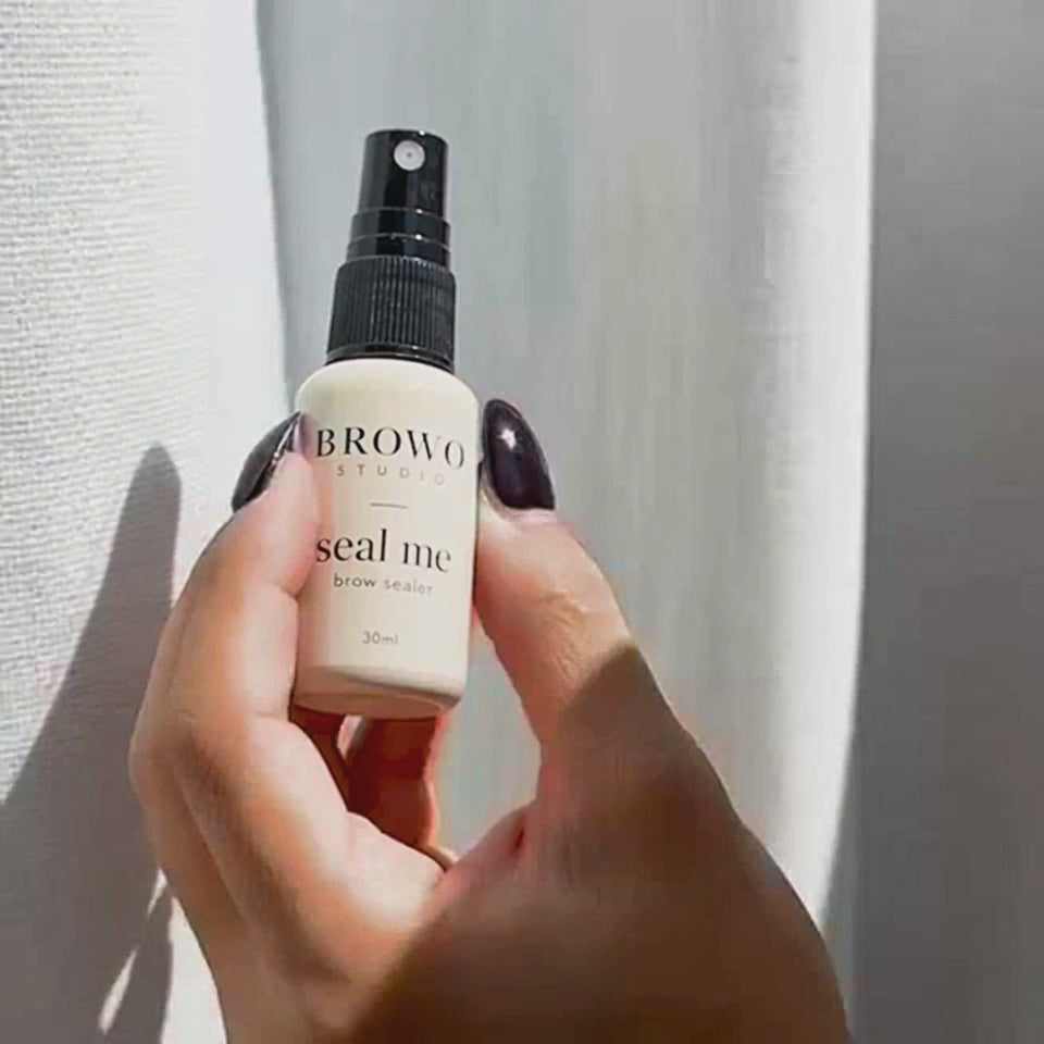 BROWO Seal Me — edited visual concept, five-step brow routine with branded spray, no audio or captions. Not a product performance test.